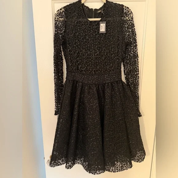 NWT Maje Black Sequin Lace Round Neck Rapido Skater Dress Size 3 (Medium/Large) - Picture 4 of 6
